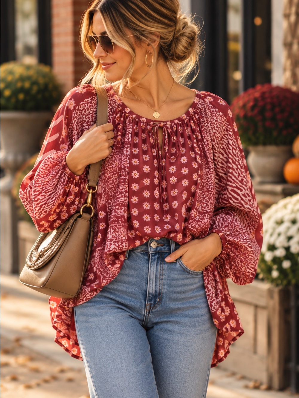 Free People Floral Peasant Blouse - Burgundy